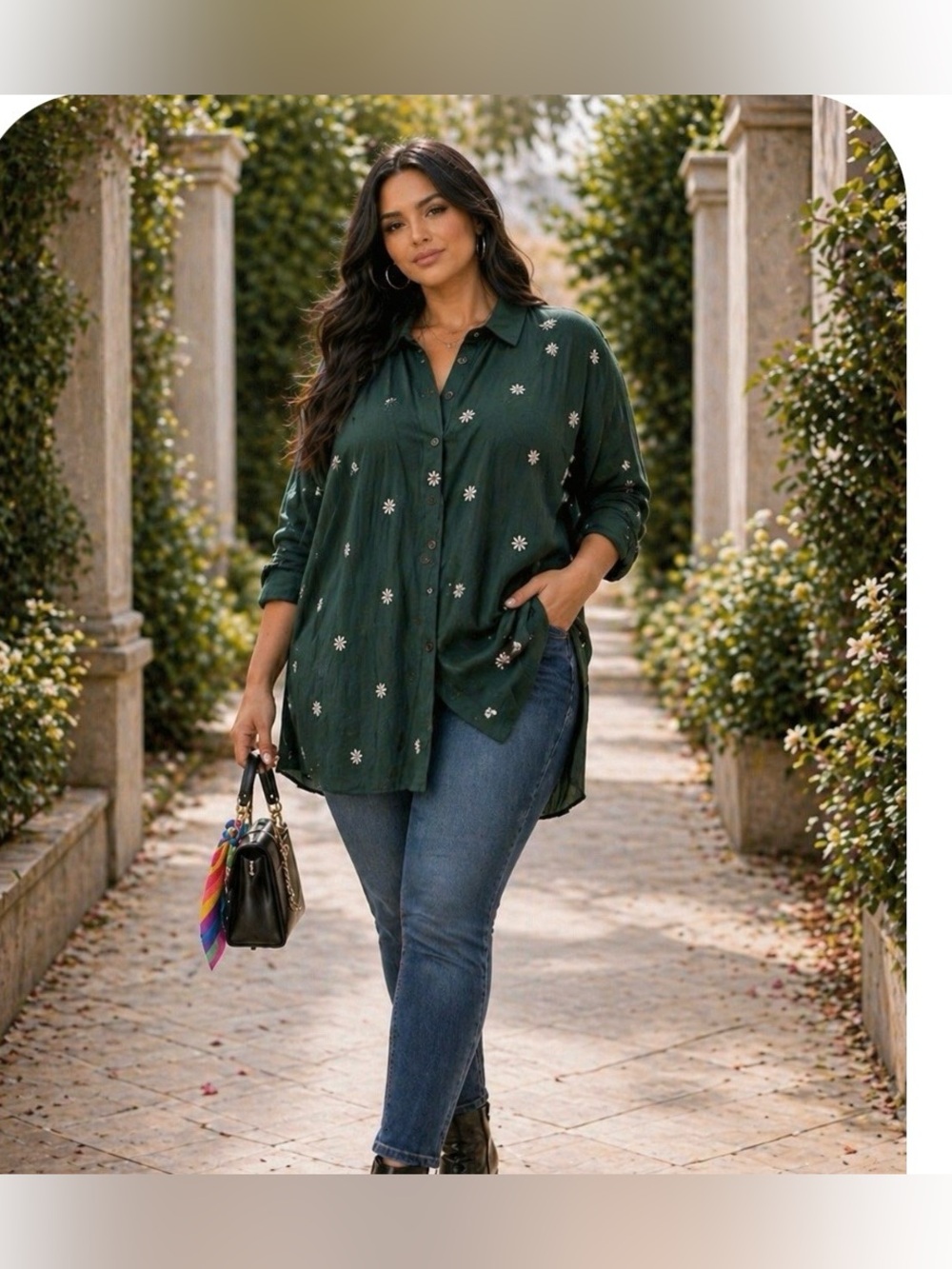 Relaxed Emerald Green Floral Button-Up Tunic